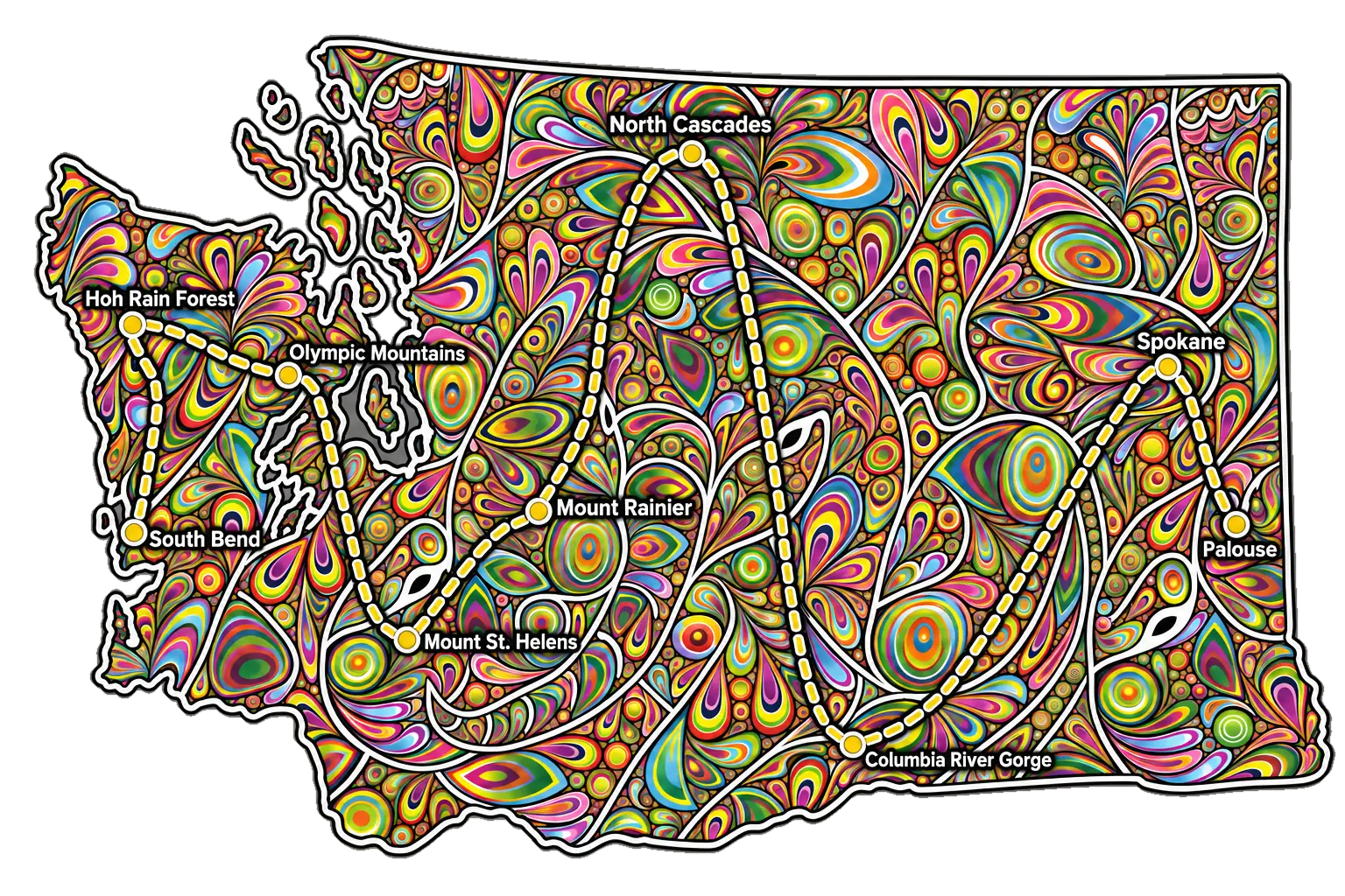 Map of Washington with the Swifts trail marked from the Hoh Rain Forest and South Bend on the coast, through the Olympic Mountains, Mount St. Helens, Mount Rainier and the North Cascades, to the Columbia River Gorge, Spokane and the Palouse.
